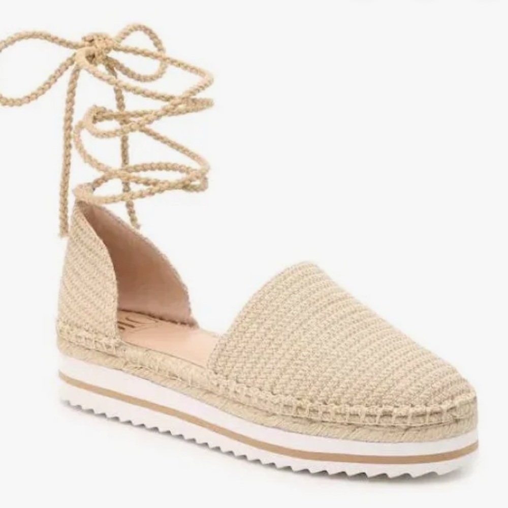 Jennifer Lopez Beige Woven Lace-Up Espadrille Platform Flats